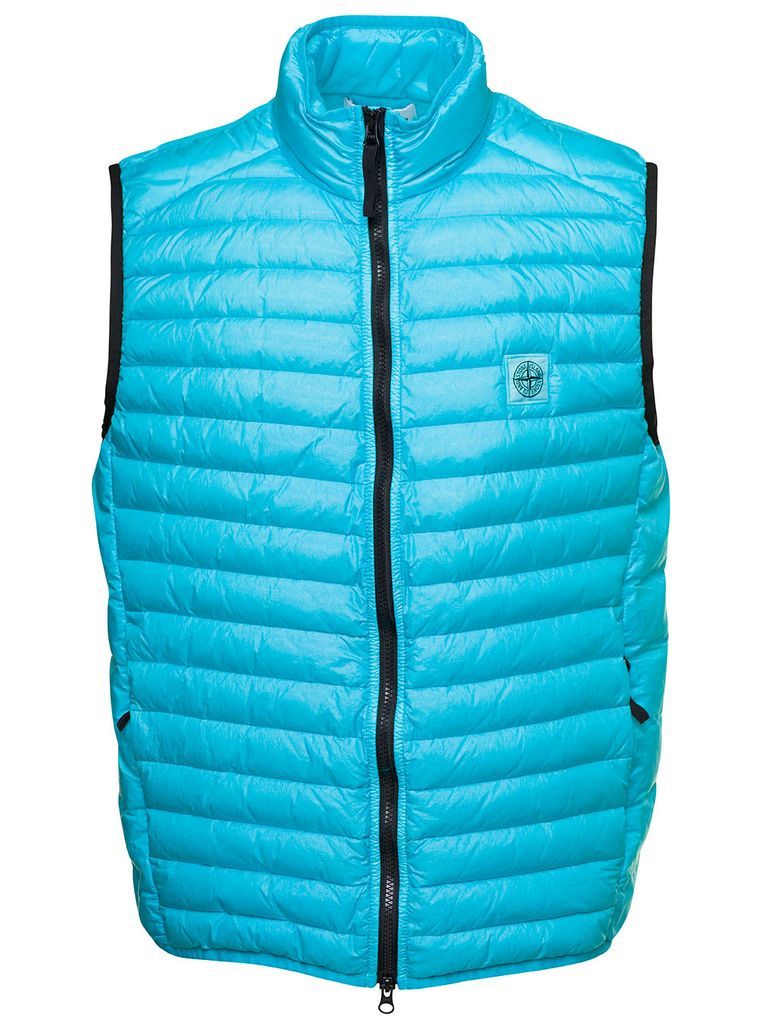 Light Blue Down Vest With Logo Patch In Nylon Man