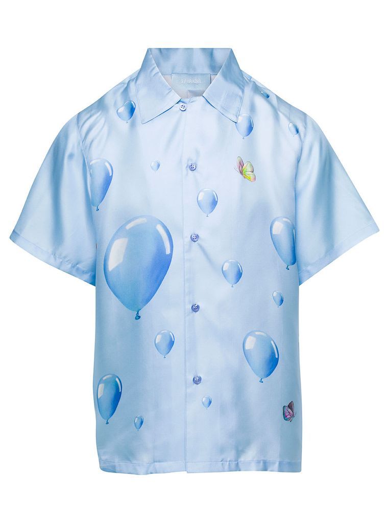 Light-Blue Bowling Shirt With Baloon Print All-Over In Cotton Man