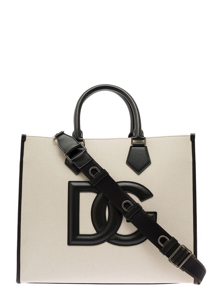 Mans Black And White Cotton Shopper Bag With Embossed Logo