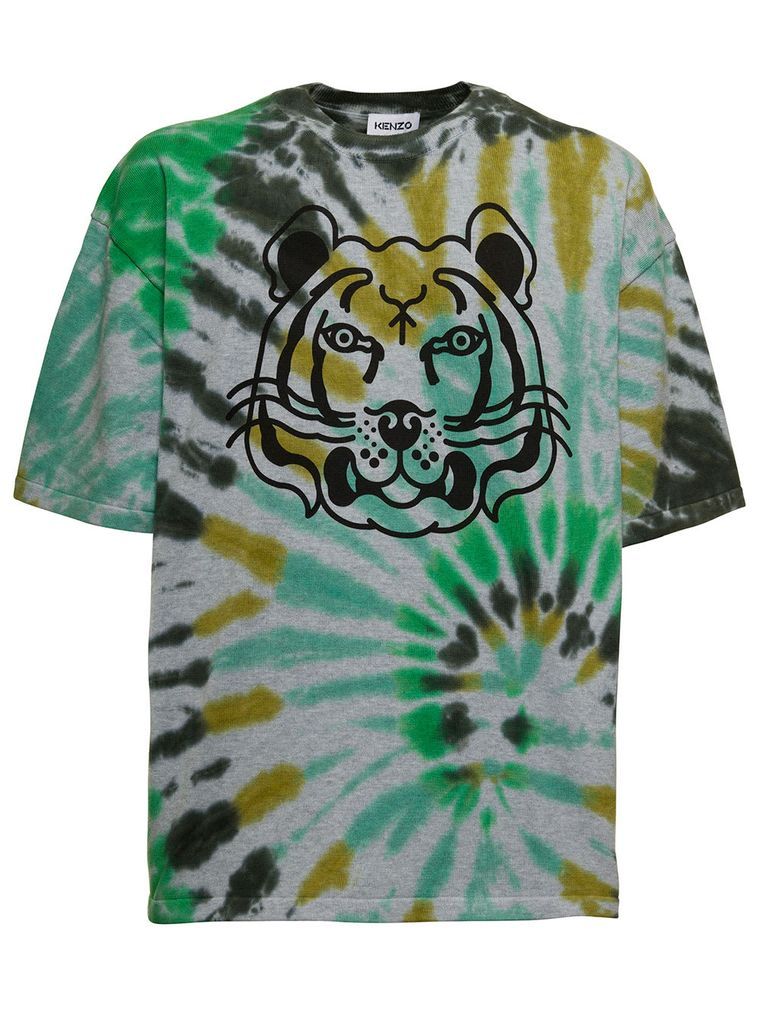 Man Cotton Tie Dye T-Shirt With Tiger Print