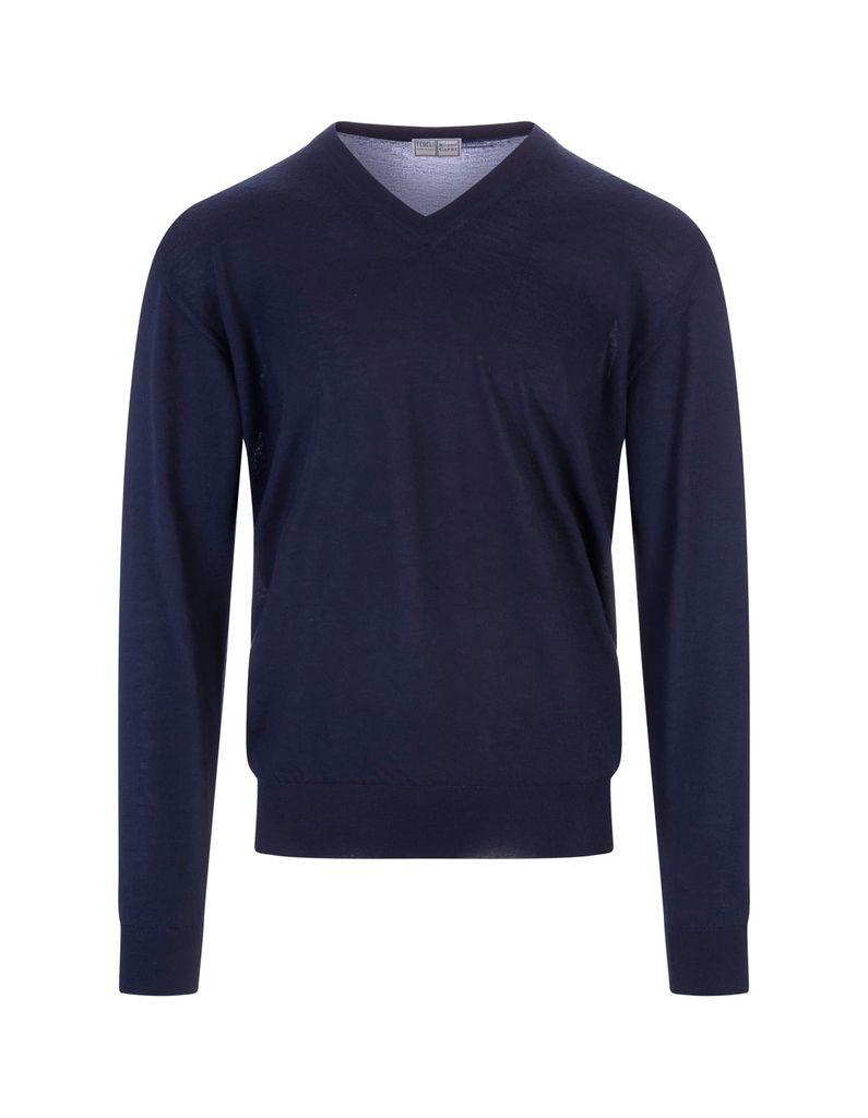 Man Navy Blue Cashmere Pullover With V-Neck