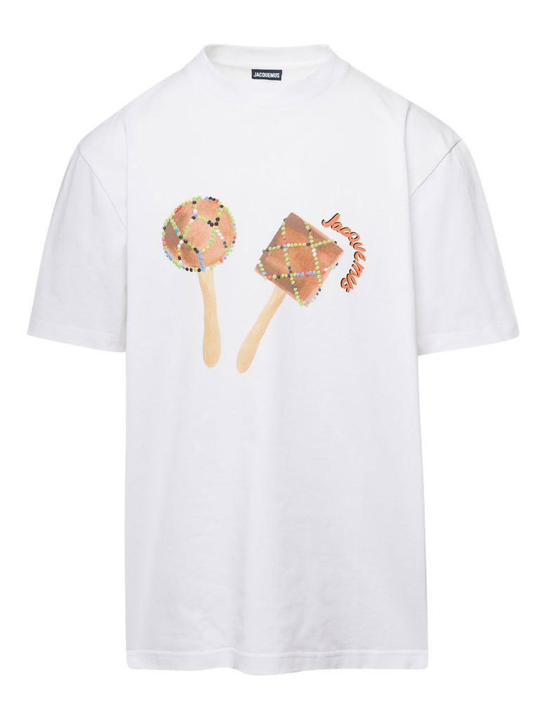 Maraca White Crewneck T-Shirt With Maracas And Logo Print In Cotton Man