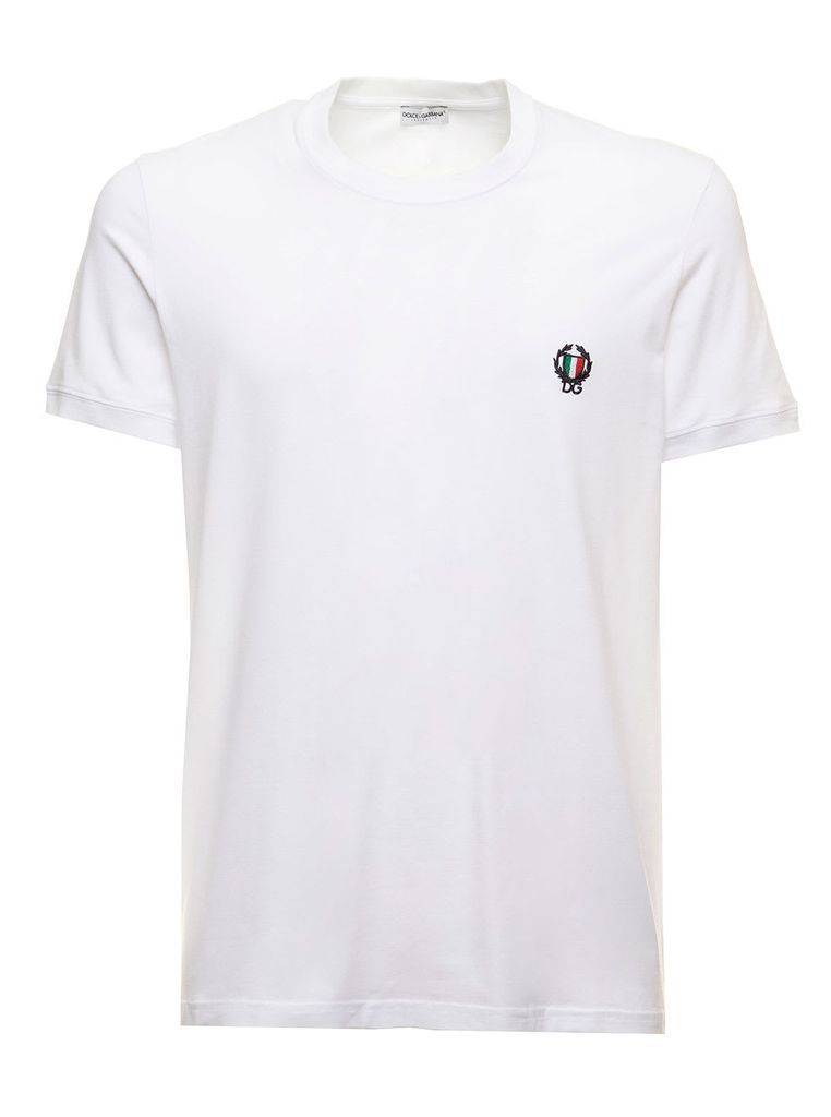 Mens White Cotton Crew Neck T-Shirt With Logo Detail