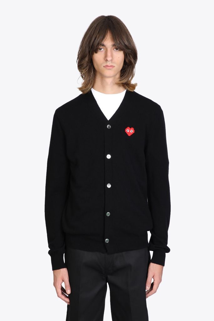Mens Cardigan Knit Black Wool Cardigan With Pixel Heart Patch.