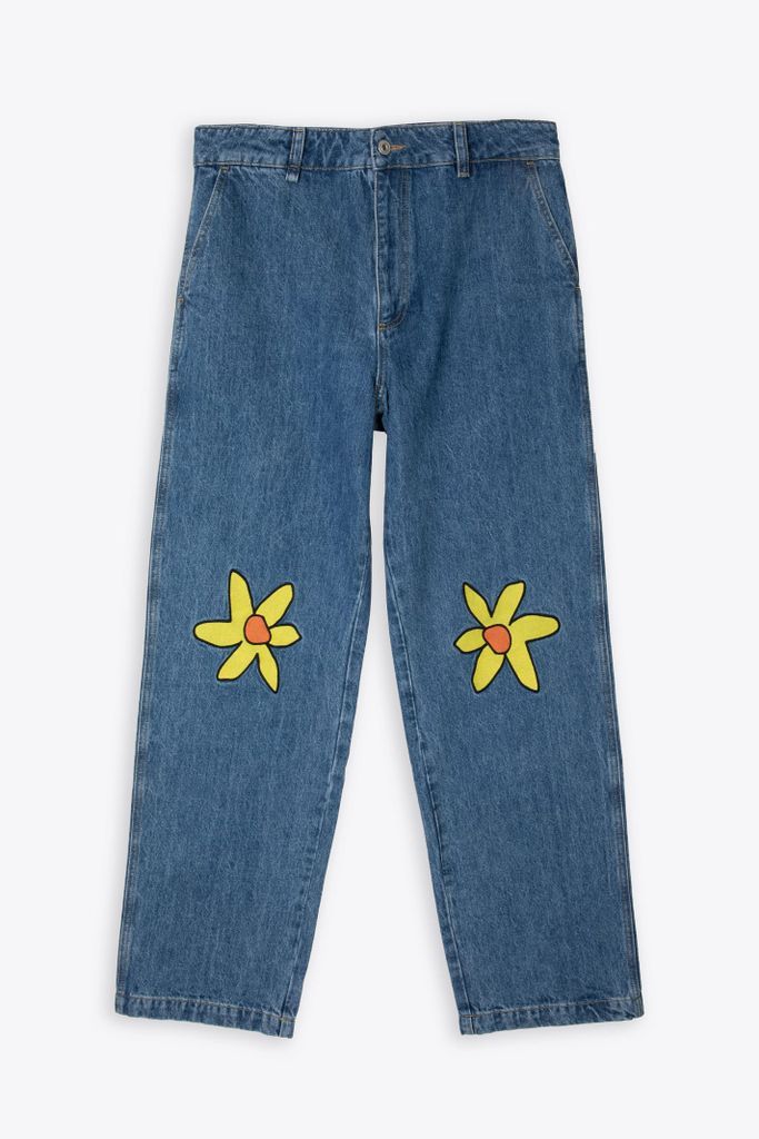 Mellow Embroidered Jeans Baggy Blue Jeans With Daisy Embroidered Patches - Mellow Embroidered Jeans