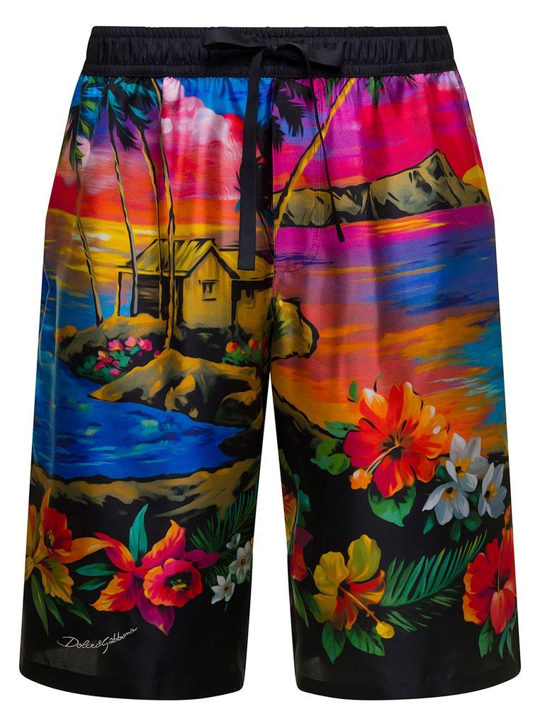Multicolor Bermuda Shorts With All-Over Hawaiian Print And Drawstrig In Silk Man
