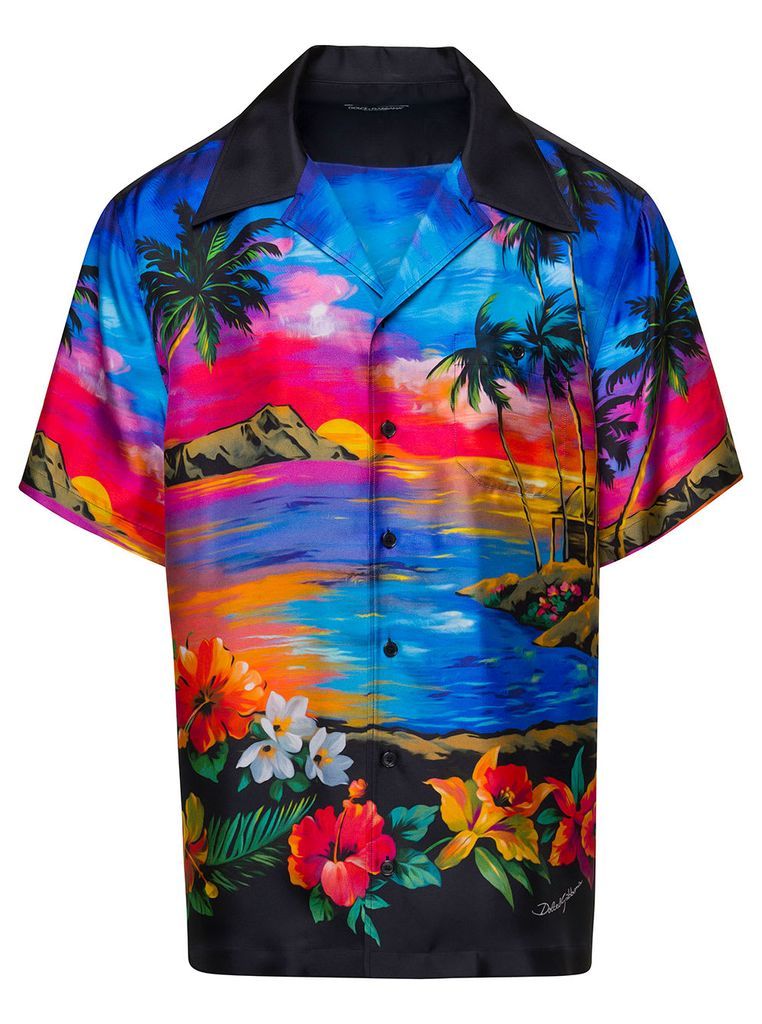Multicolor Shirt With All-Over Hawaiian Print In Silk Man