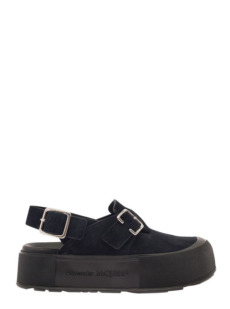 Mount Slick Black Close-Toe Sandals With Platform And Logo Engraved In Leather Man
