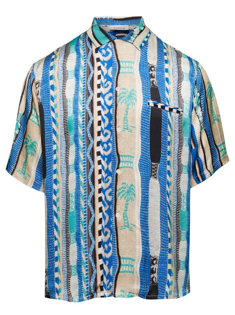 Multicolor Bowling Shirt With Jacquard Striped Graphic Print In Viscose Man