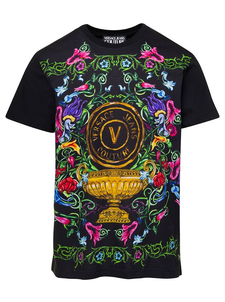 Multicolor Crewneck T-Shirt With Floreal And Logo Print In Cotton Man