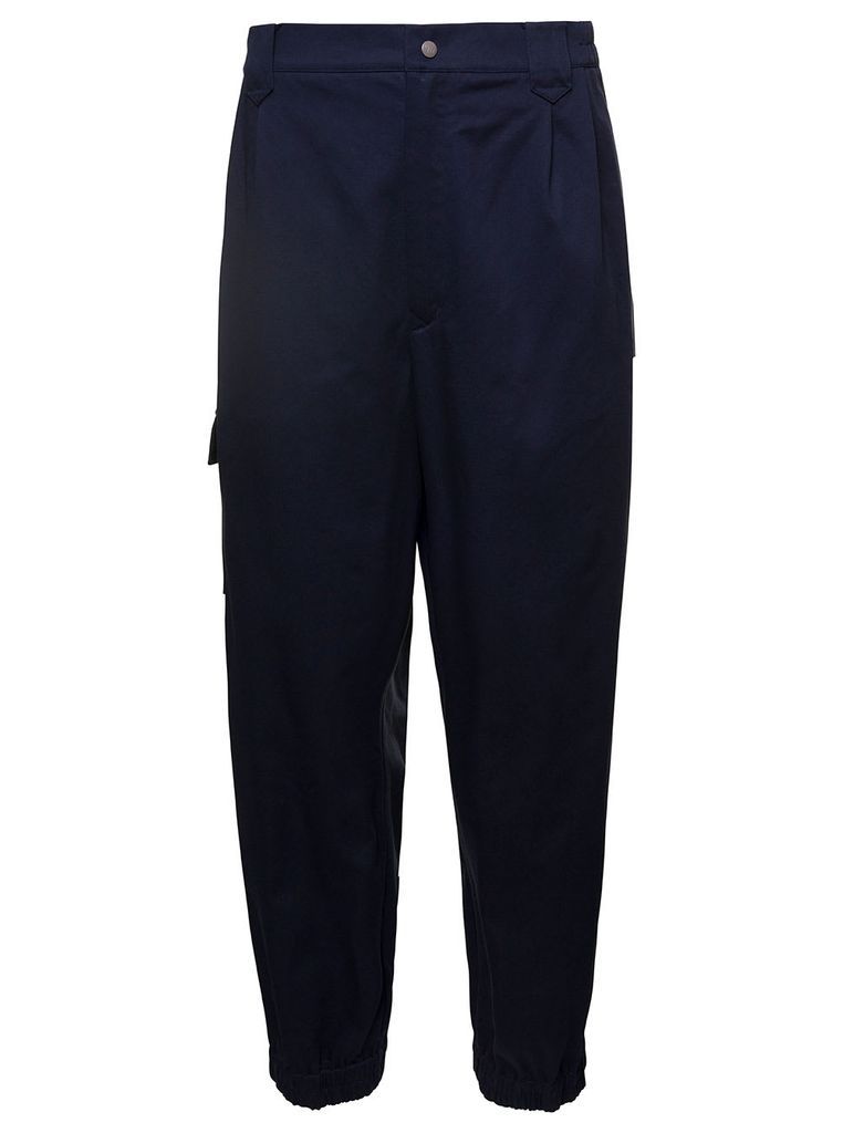 Navy Blue Mid-Rise Trousers With Embroidered Logo And Pockets In Cotton Man