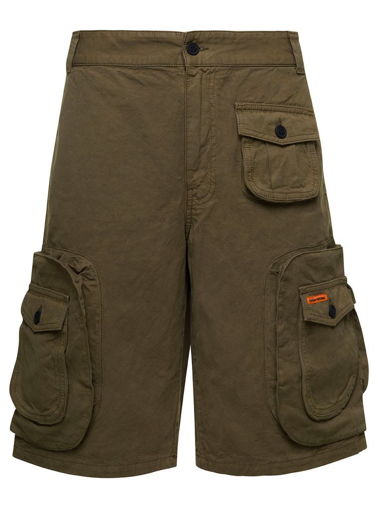 Olive Green Cargo Shorts With Multi-Pockets In Cotton Blend Man