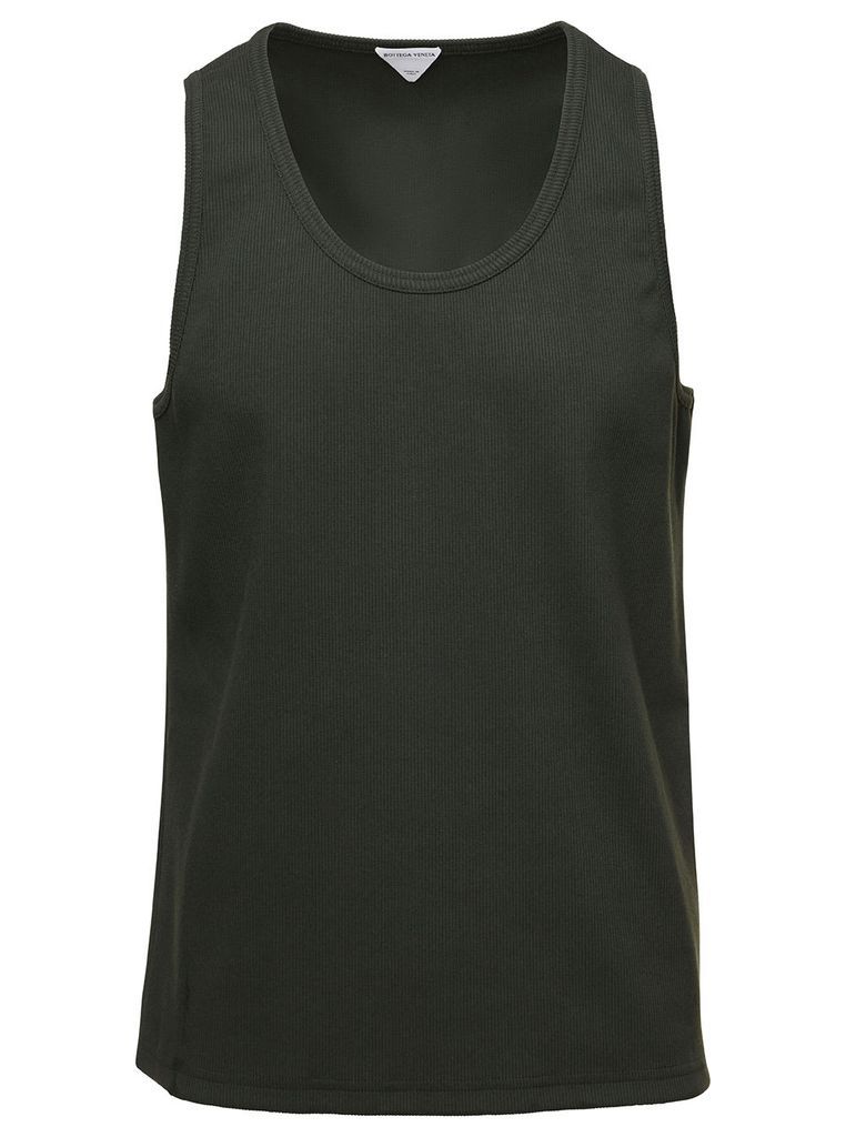 Olive Green Ribbed Tank Top With U Neckline In Stretch Cotton Man