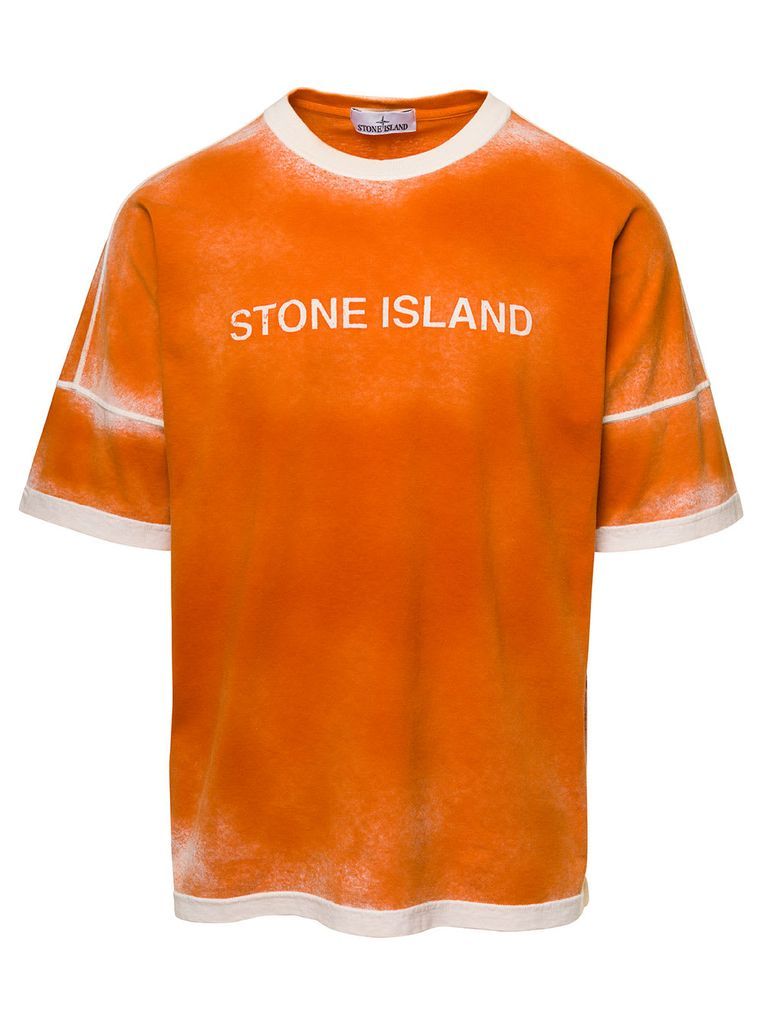 Orange T-Shirt With Logo Print And Fade Effect In Cotton Man
