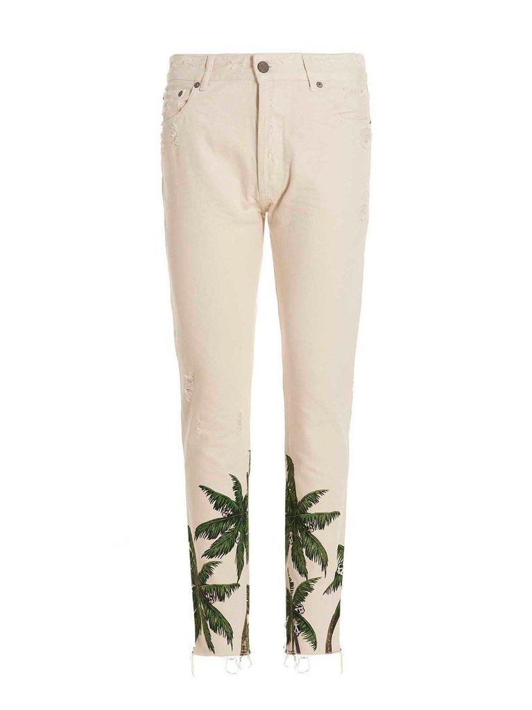 Palm Printed Distressed Jeans