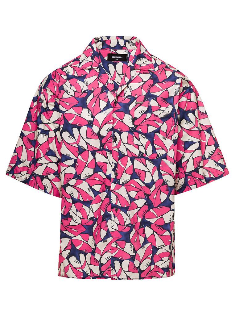 Pink Bowling Shirt With All-Over Leaves Print In Cotton Man