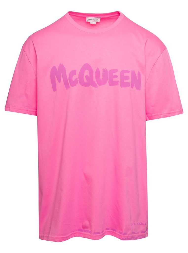 Pink Crew Neck T-Shirt With Logo Print On The Chest In Cotton Man