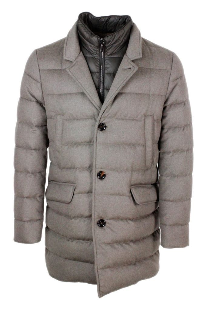 Quilted Coat In Real Goose Down In Wool And Cashmere With A Straight Line, Removable Internal Bib And Vertical Pockets On The Chest.