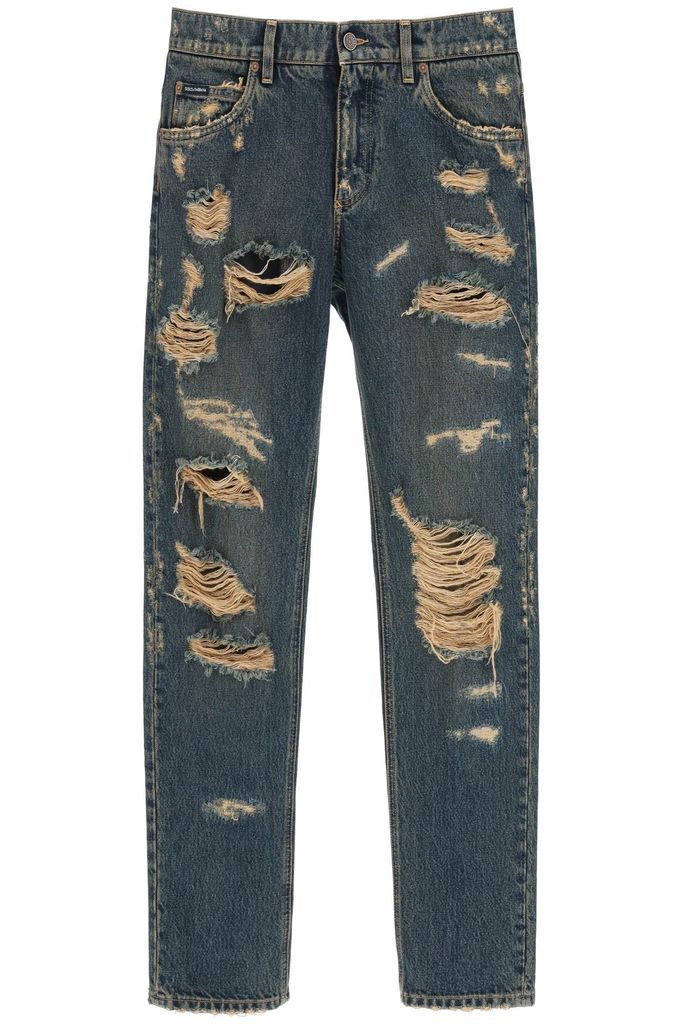 Regular Fit Jeans In Destroyed Overdyed Denim