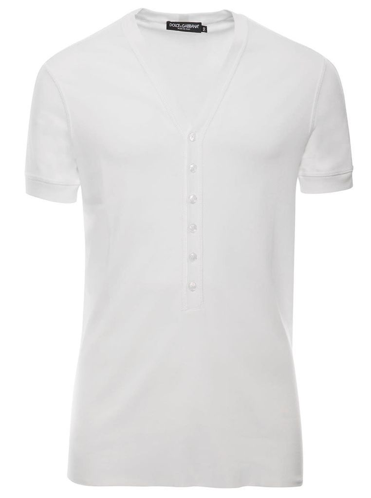 Serafino White V Neck T-Shirt With Buttons In Cotton Man