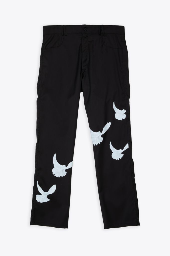 Singing Doves Cotton Wide Trousers Black Wool Tailored Pant With Doves Print - Singing Doves Trousers