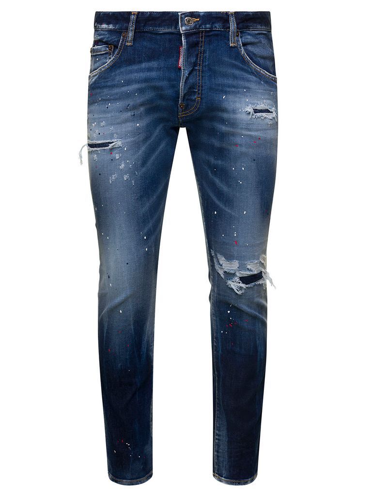 Skater Blue Jeans With Paint Stains And Ripped Details In Stretch Cotton Denim Man