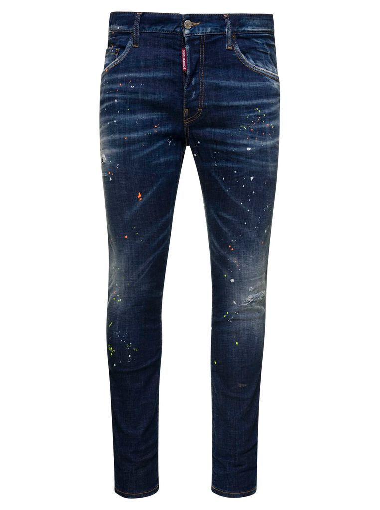 Skater Dark Blue Five Pockets Jeans With All-Over Paint Stains In Stretch Cotton Denim Man Dsquared2