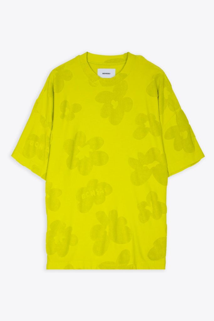 Terry Cloth Oversized Tee All Over Graphic Acid Green T-Shirt With Terry Cloth Flowers - Bloom 3D Tee