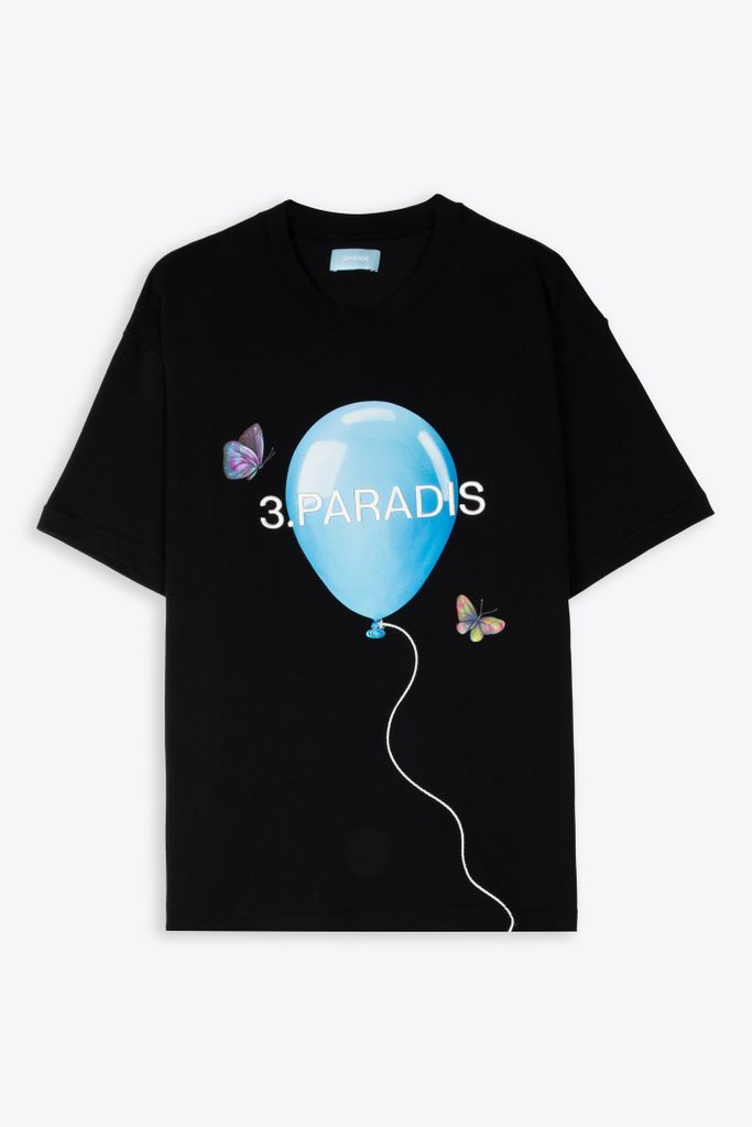 Tshirt Dreaming Ballons Black Cotton T-Shirt With Print And Embroidery - Dreaming Ballons T-Shirt