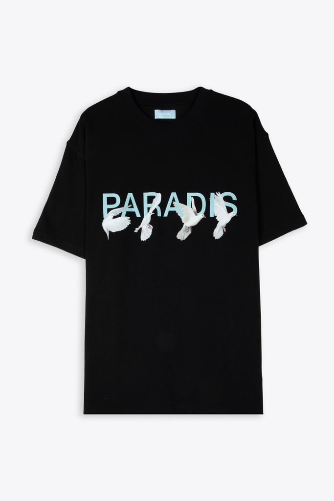 Tshirt Paradis Black Cotton T-Shirt With Logo And White Doves - T-Shirt Paradis