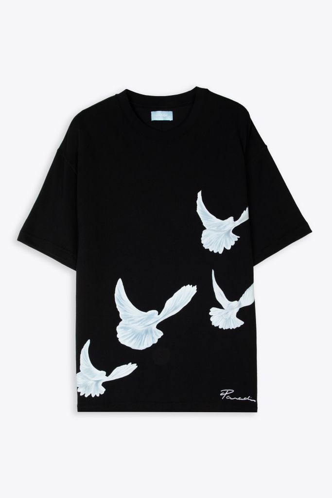 Tshirt Singing Dove Black Cotton T-Shirt With White Doves Print - Singing Doves T-Shirt