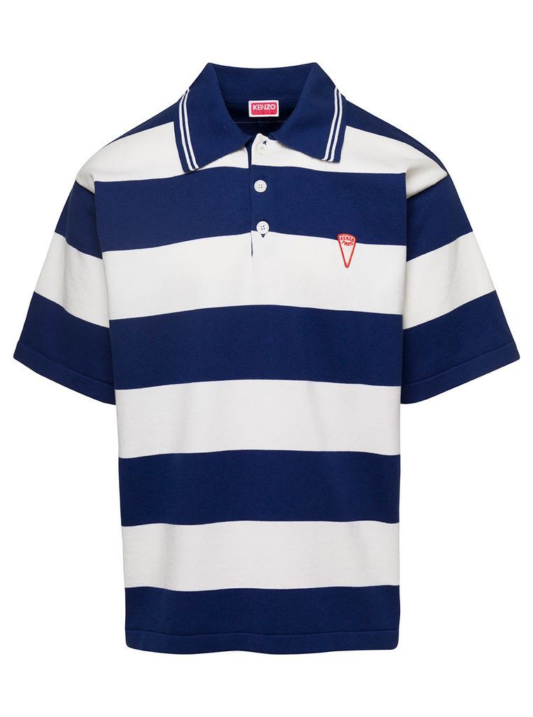 White And Blue Oversize Striped Polo T-Shirt In Cotton Man