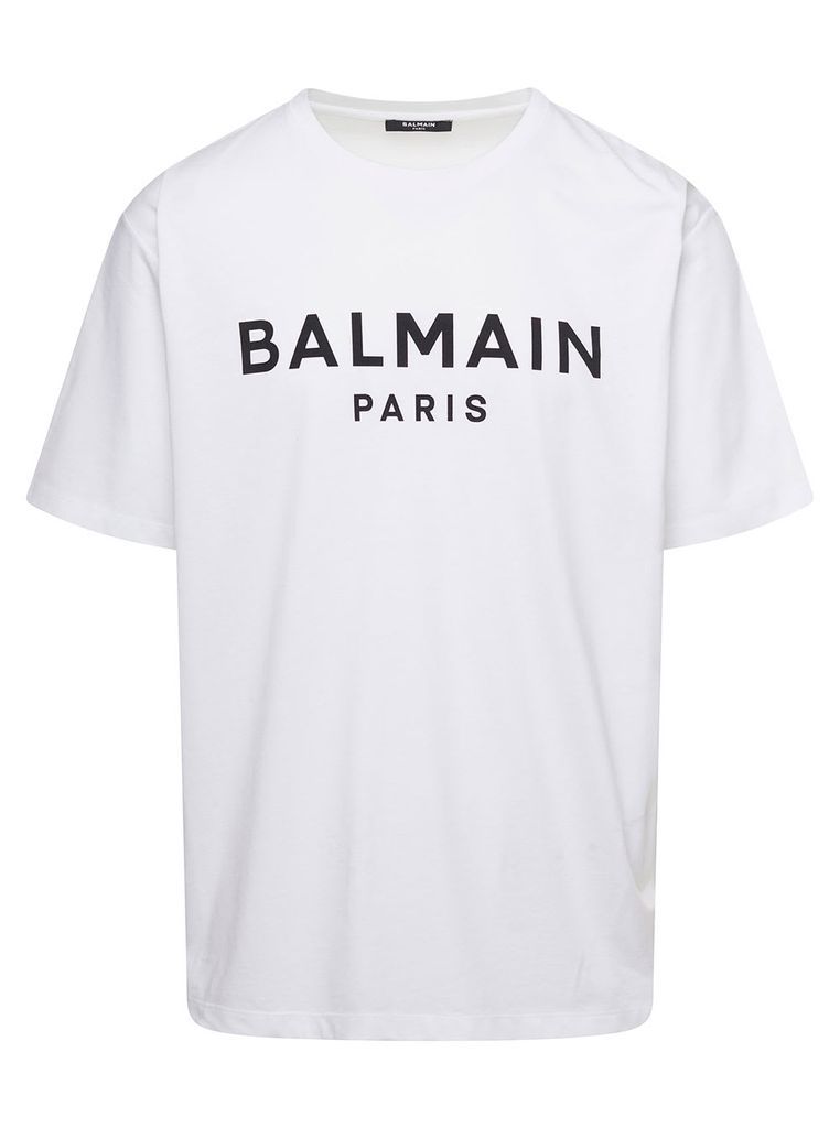 White Crewneck T-Shirt With Contrasting Logo Lettering Print In Cotton Man