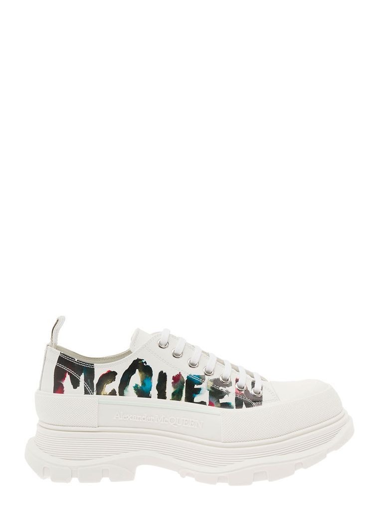 White Tread Slick Sneakers With Graffiti Logo Print In Calf Leather