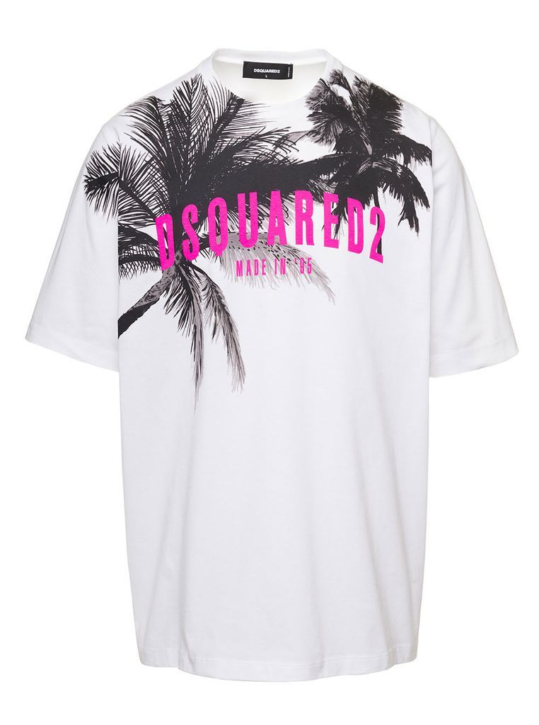 White Crewneck T-Shirt With Palms Logo Print In Cotton Jersey Man D-Squared2