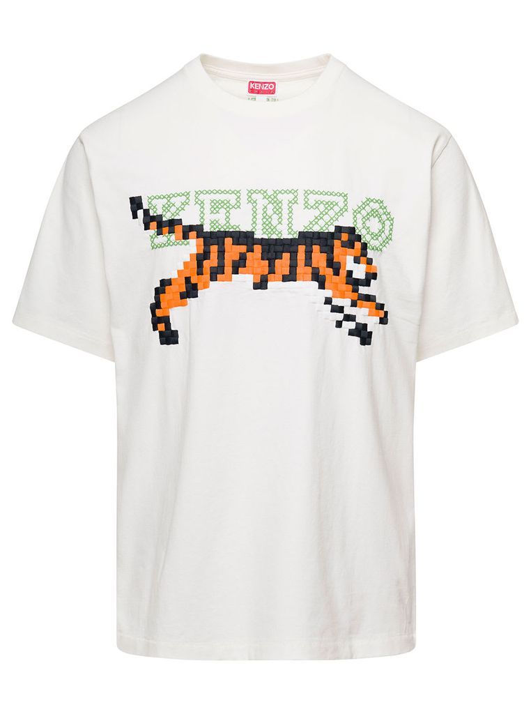 White Oversized T-Shirt With Pixel Logo Embroidery In Cotton Man