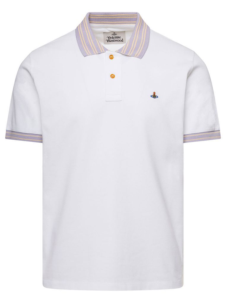 White Polo Shirt With Logo Embroidery And Striped Motif On Collar And Sleeves In Cotton ;man