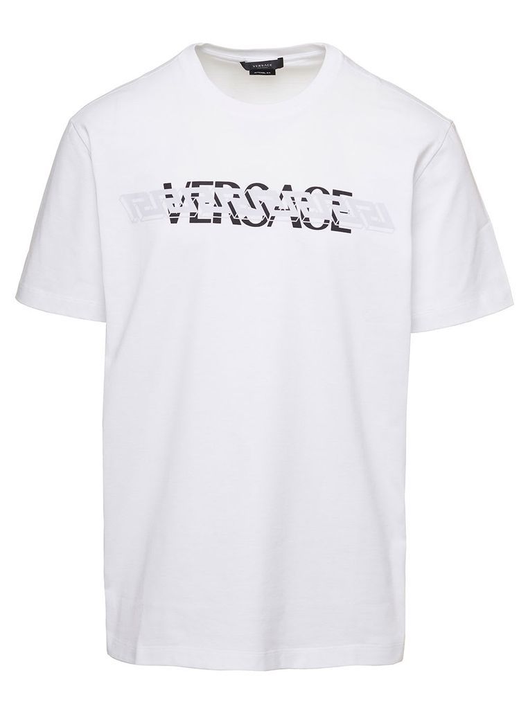 White Crewneck T-Shirt With Logo Print In Cotton Man