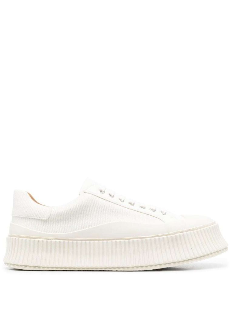 White Ridged Low Top Sneakers In Canvas And Leather Man
