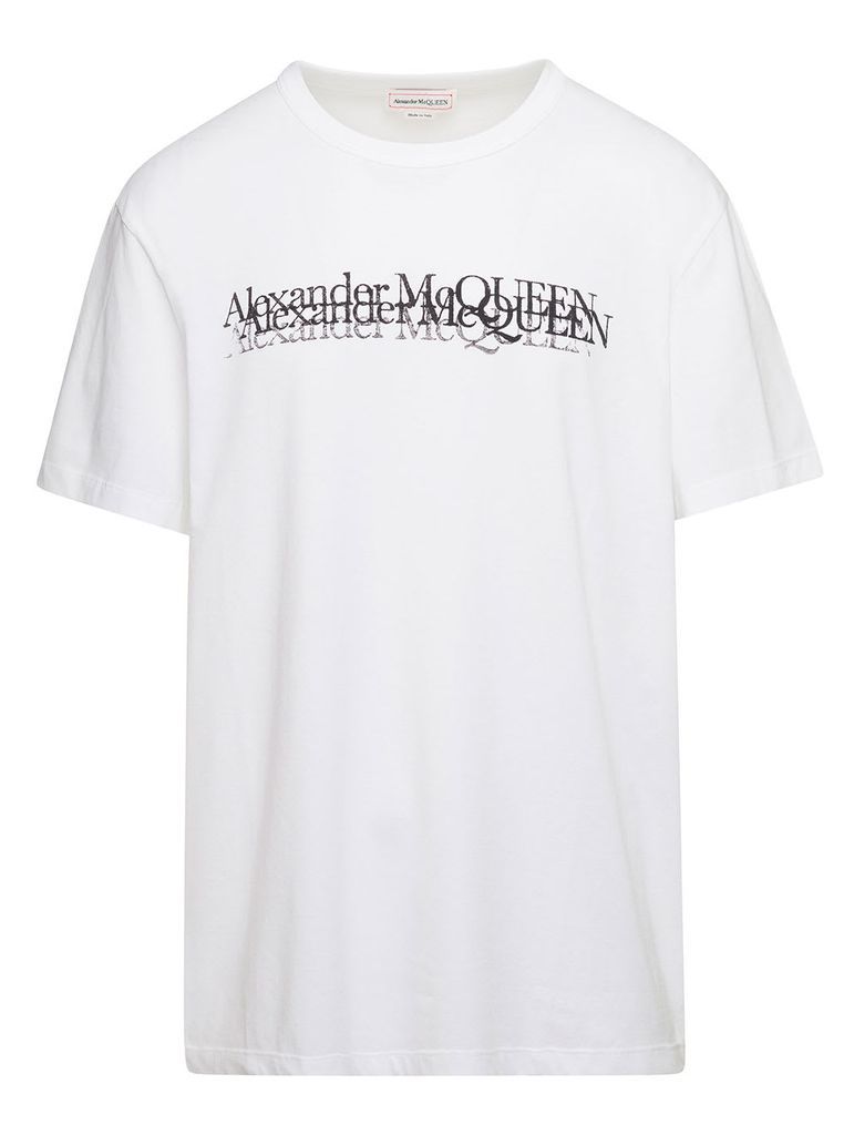 White Creneck T-Shirt With Contrasting Logo Lettering Print In Cotton Man