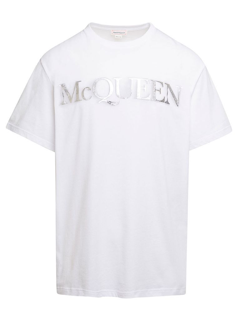 White Creneck T-Shirt With Metallic Logo Lettering Print In Cotton Man