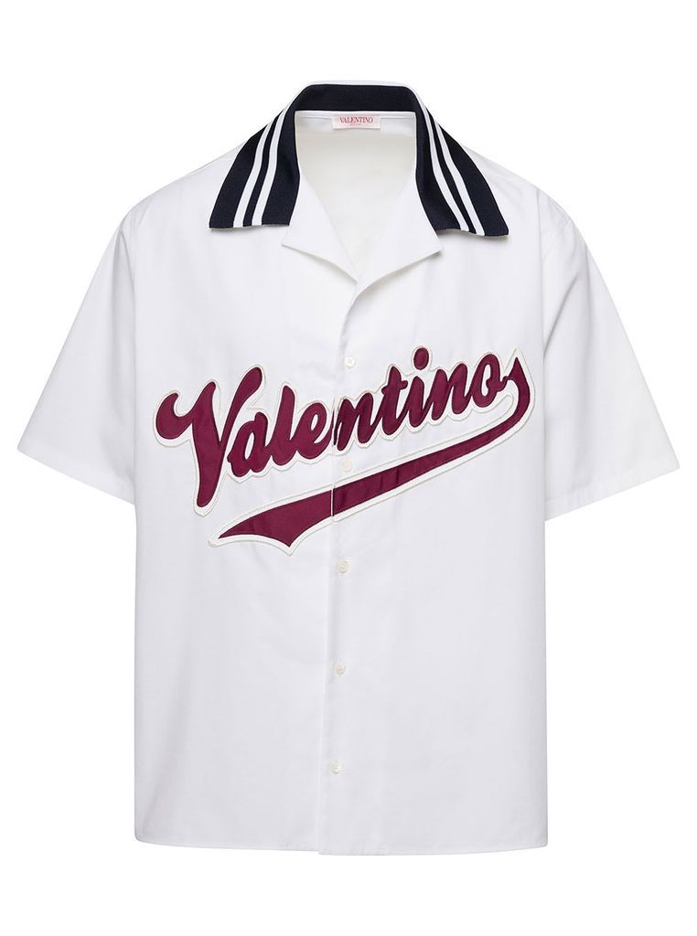 White Bowling Shirt With Logo Patch And Striped Collar In Cotton Man