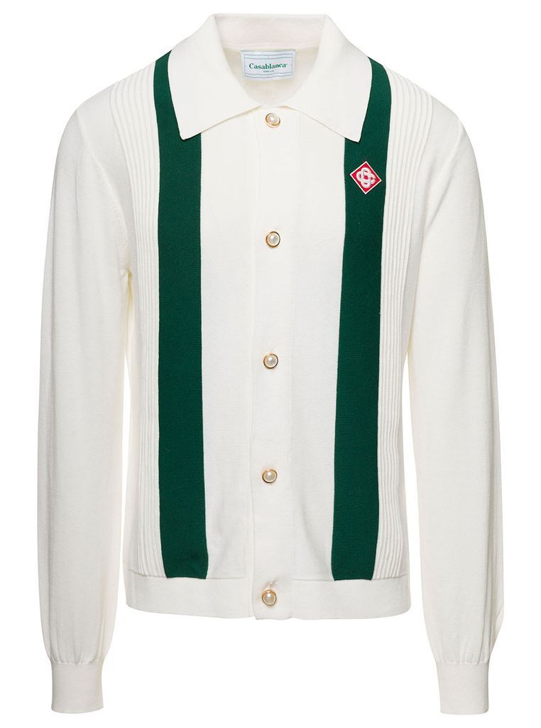 White Cardigan With Green Stripes And Logo Patch In Cotton Man