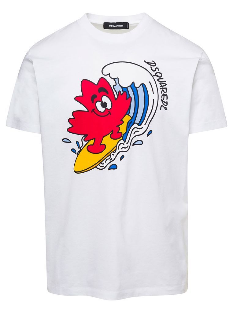 White Crew Neck T-Shirt With Surf And Logo Print On The Chest In Cotton Man