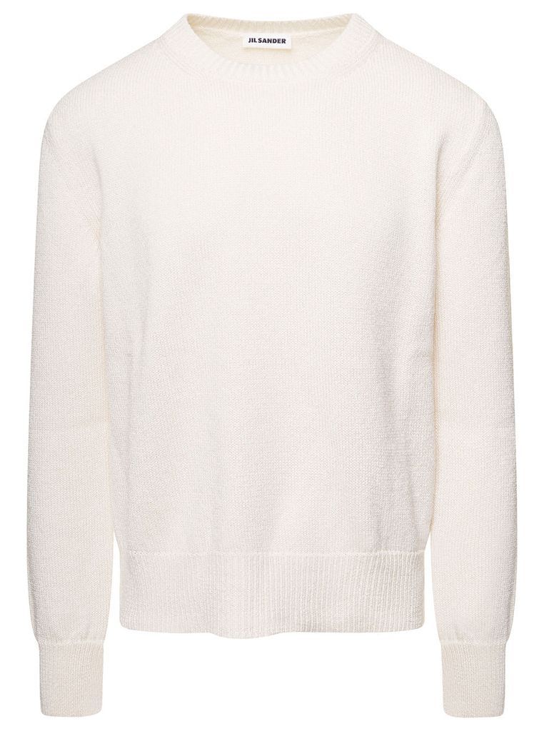 White Crewneck Ribbed Pull In Cotton Man