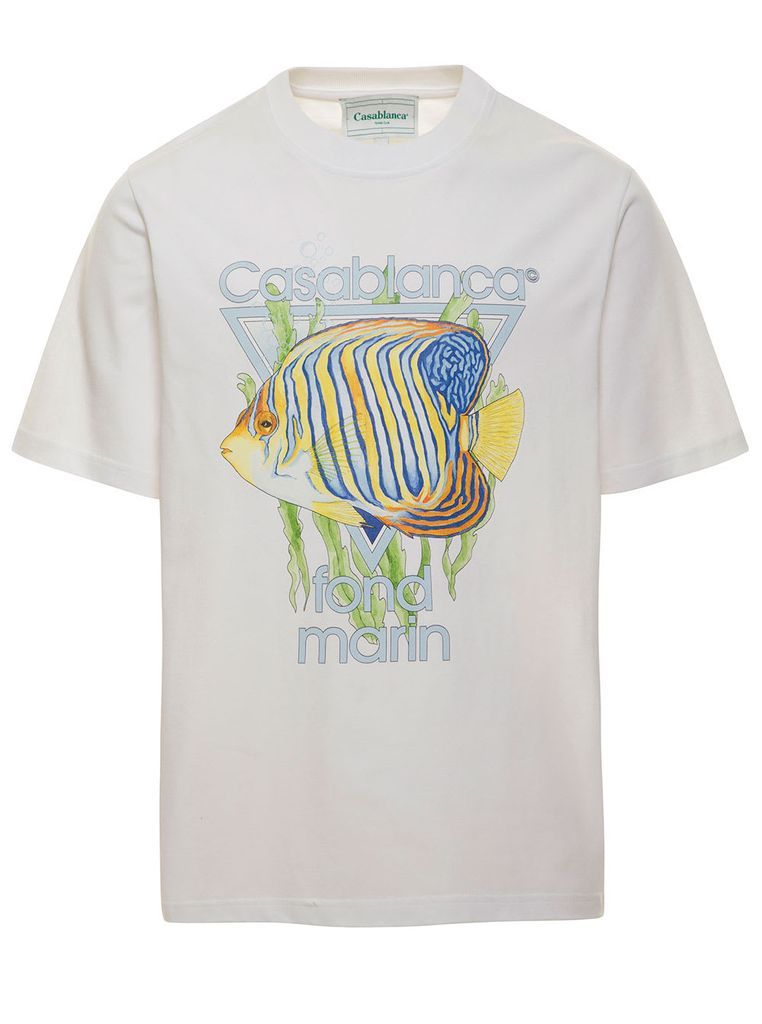 White Crewneck T-Shirt With Fond Marin Print In Cotton Man
