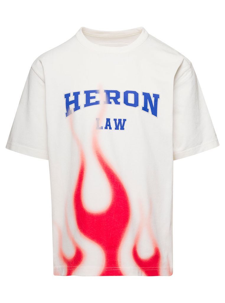 White Crewneck T-Shirt With Logo And Flame Print In Cotton Man