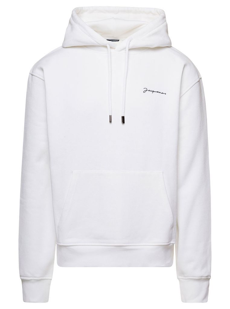 White Hoodie With Contrasting Logo Embroidery In Cotton Man