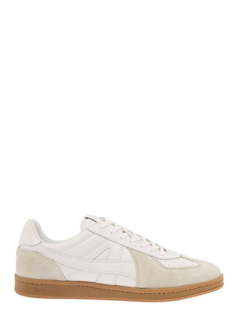 White Low-Top Sneakers With Suede Inserts And Contrasting Sole In Leather Man