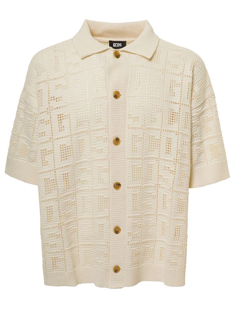 White Macramè Shirt With Monogram Logo Motif All-Over In Cotton Man